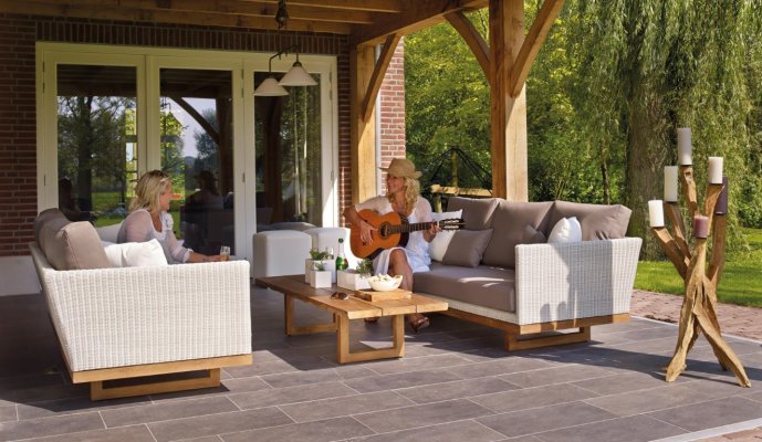 People sitting outside on a concrete slab deck